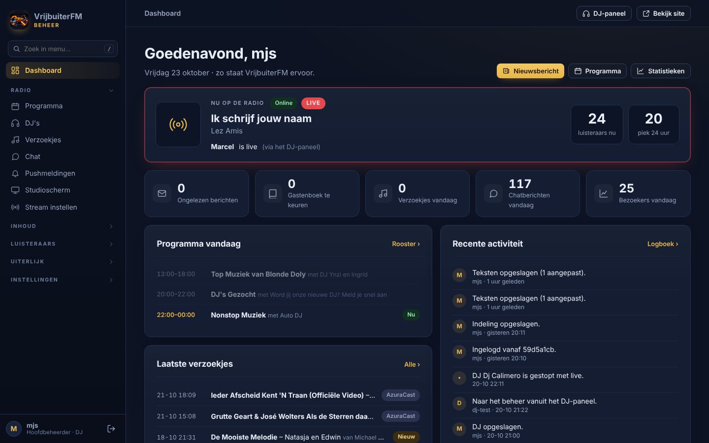 Het beheerdashboard met wat er nu op de radio is, het aantal luisteraars, het programma van vandaag en recente activiteit.