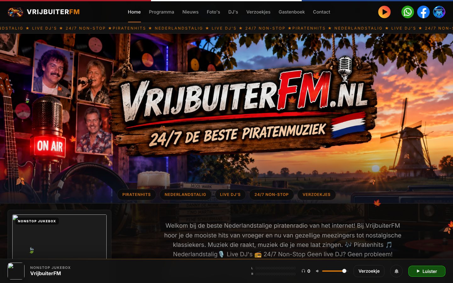 Voorbeeld van een zenderwebsite met menu, grote hoofdafbeelding en de speler onderaan.